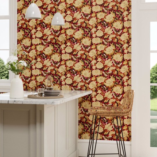 Sanderson 217116 Water Garden Amara Butterfly Cinnabar/Ink Black - tapeta w kwiaty i motyle