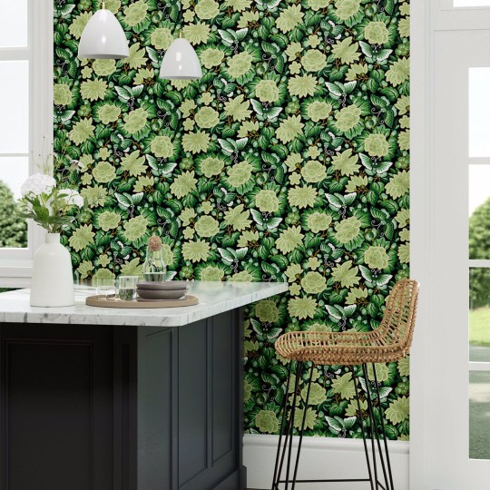 Sanderson 217117 Water Garden Amara Butterfly Emerald/Ink Black - tapeta w kwiaty i motyle