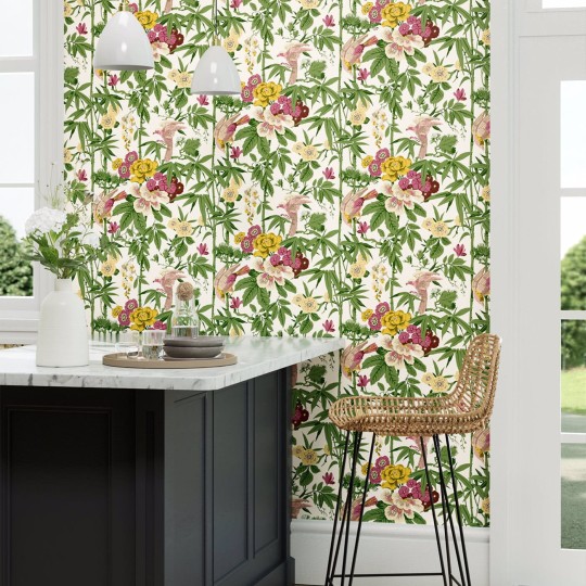 Sanderson 217130 Water Garden Bamboo & Birds Sacillion Green - tapeta w kwiaty i ptaki