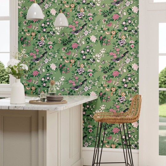 Sanderson 217110 Water Garden Chinoiserie Hall Chinese Green/Lotus Pink - tapeta w kwiaty i ptaki