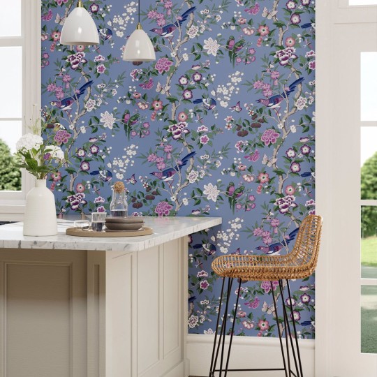 Sanderson 217111 Water Garden Chinoiserie Hall Blueberry/Purple - tapeta w kwiaty i ptaki