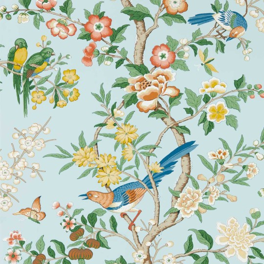 Sanderson 217112 Water Garden Chinoiserie Hall Dawn Blue/Persimmon - tapeta w kwiaty i ptaki