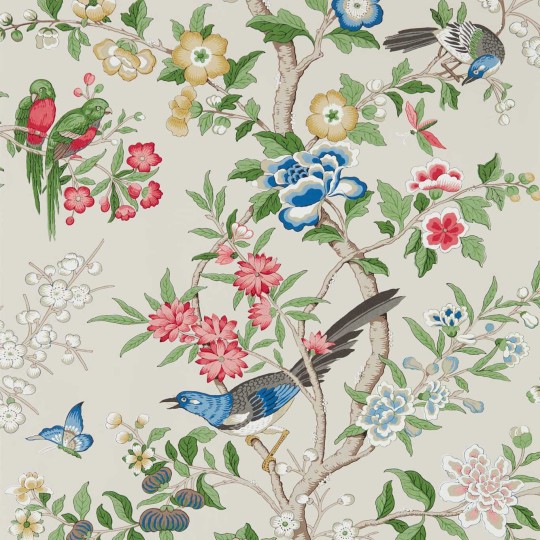 Sanderson 217113 Water Garden Chinoiserie Hall Linen/Chintz - tapeta w kwiaty i ptaki