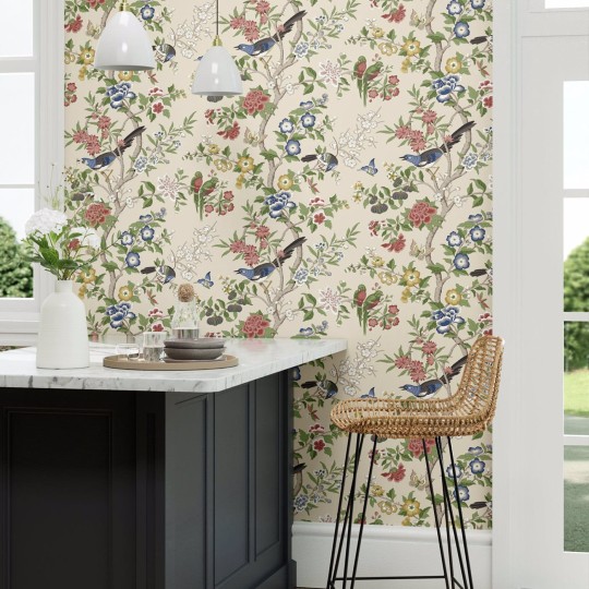 Sanderson 217113 Water Garden Chinoiserie Hall Linen/Chintz - tapeta w kwiaty i ptaki