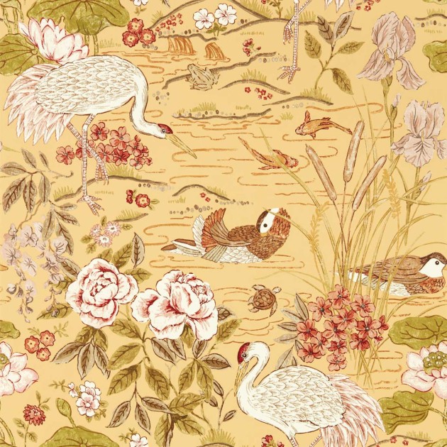 Sanderson 217124 Water Garden Crane & Frog Honey/Olive - tapeta ze zwierzętami