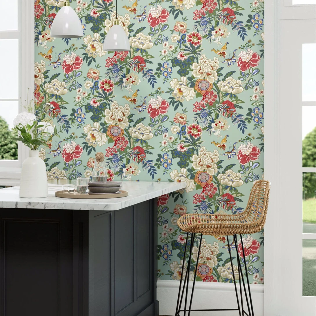 Sanderson 217122 Water Garden Emperor Peony Jade/Apricot - tapeta w piwonie