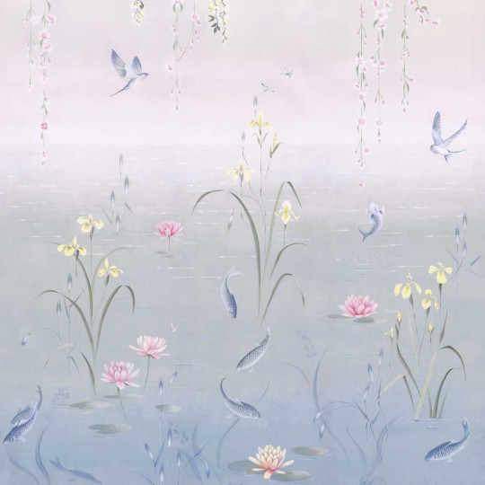 Sanderson 217131 Water Garden Soft Jade/Pink Blossom - tapeta wodny ogród