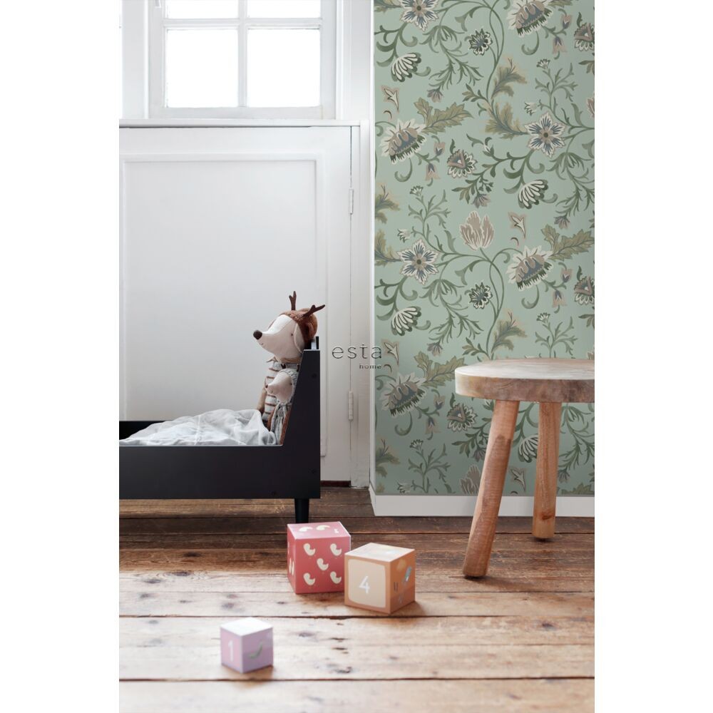 Esta 139413 Vintage Flowers Celadon Green - tapeta z motywem kwiatów