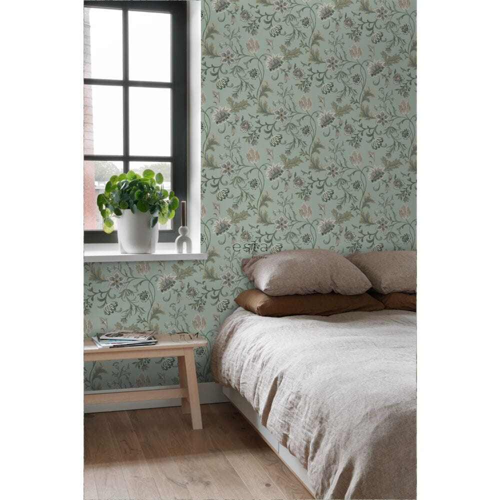 Esta 139413 Vintage Flowers Celadon Green - tapeta z motywem kwiatów