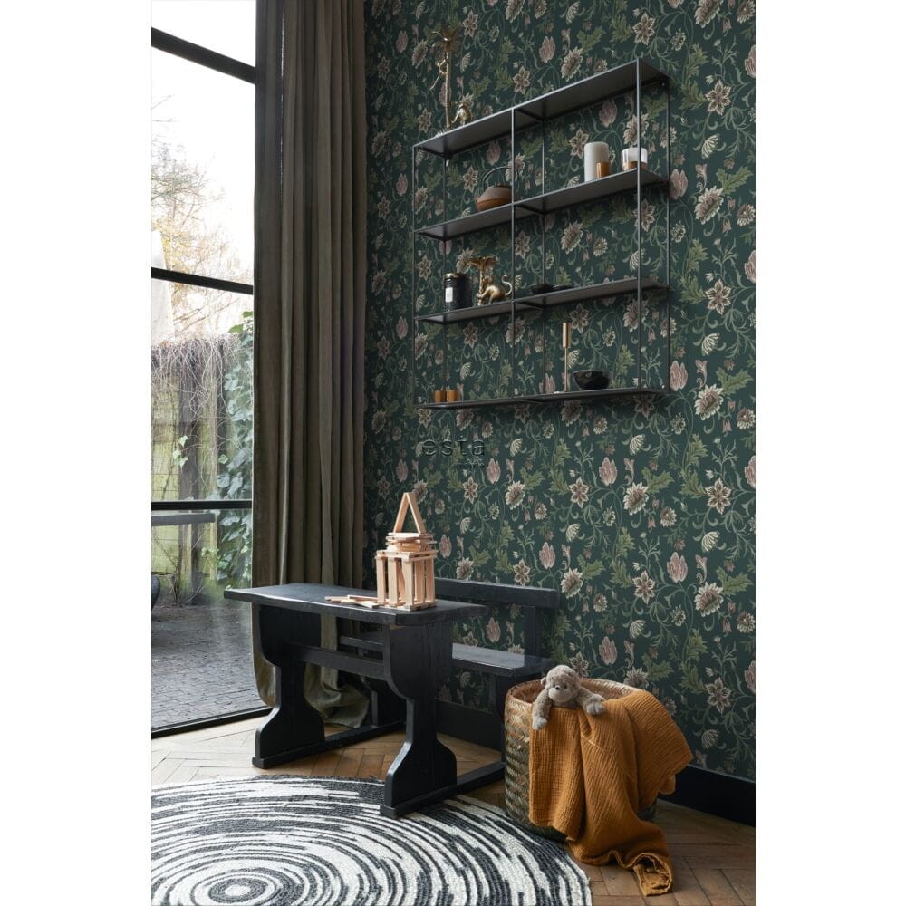 Esta 139415 Vintage Flowers Anthracite gray and green - tapeta z motywem kwiatów