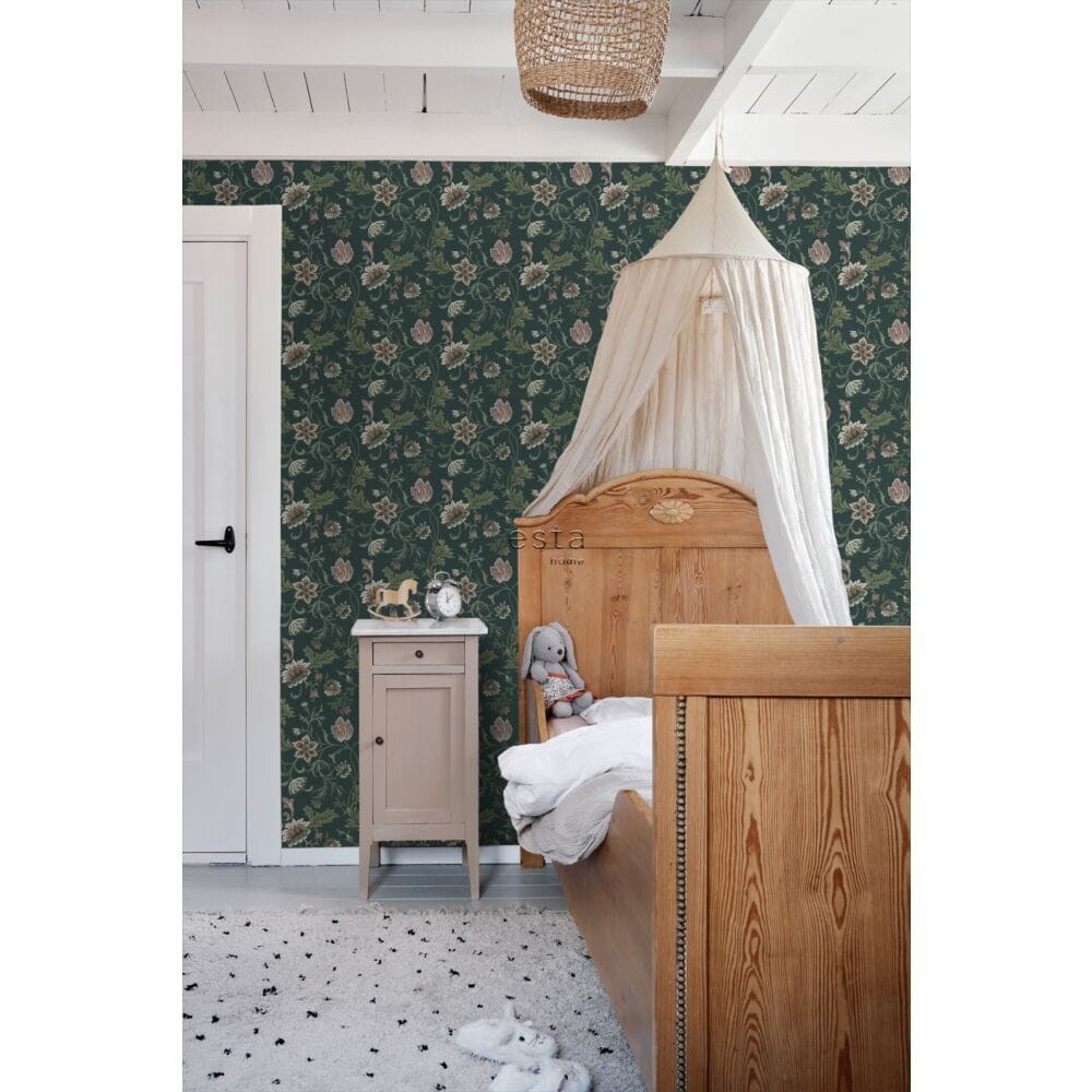 Esta 139415 Vintage Flowers Anthracite gray and green - tapeta z motywem kwiatów