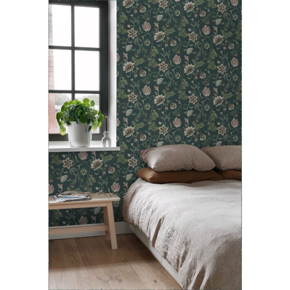 Esta 139415 Vintage Flowers Anthracite gray and green - tapeta z motywem kwiatów