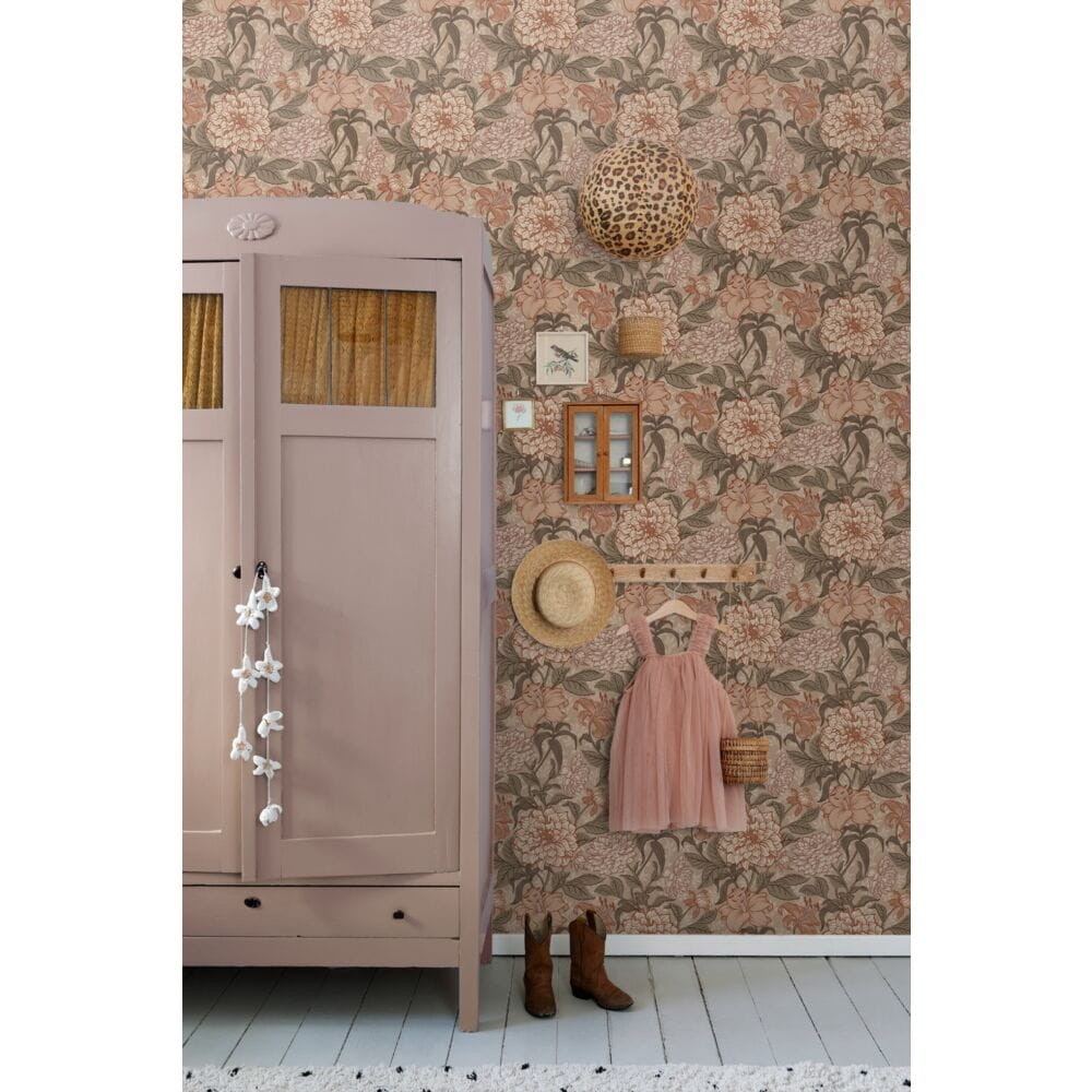 Esta 139380 Vintage Flowers Antique pink, grayish green and terracotta pink - tapeta z motywem kwiatów
