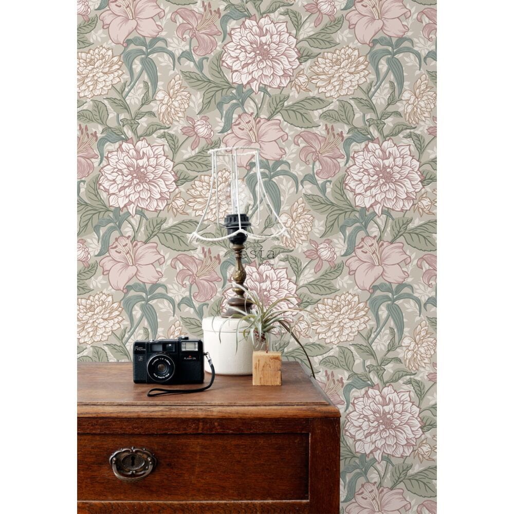 Esta 139377 Vintage Flowers Antique pink and grayish green - tapeta z motywem kwiatów