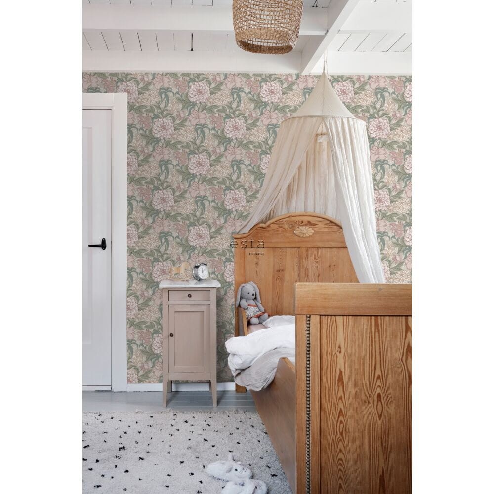 Esta 139377 Vintage Flowers Antique pink and grayish green - tapeta z motywem kwiatów