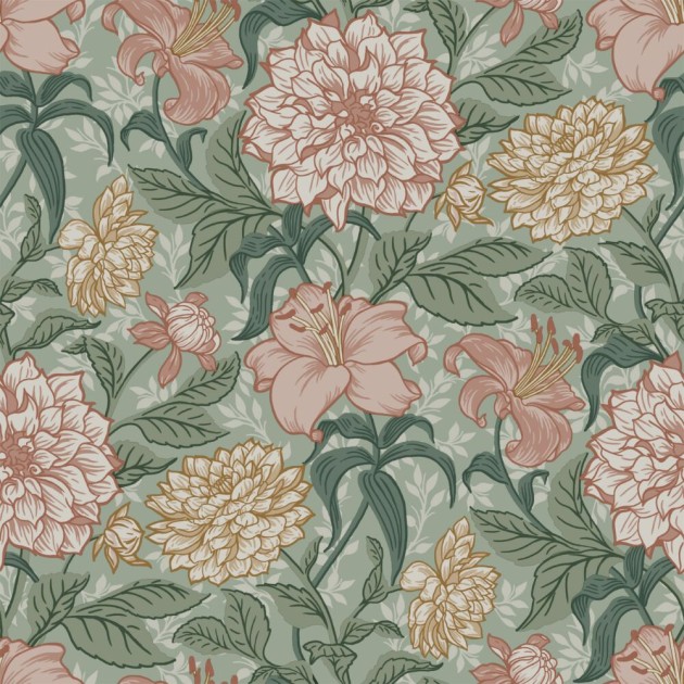 Esta 139378 Vintage Flowers green and antique pink - tapeta z motywem kwiatów
