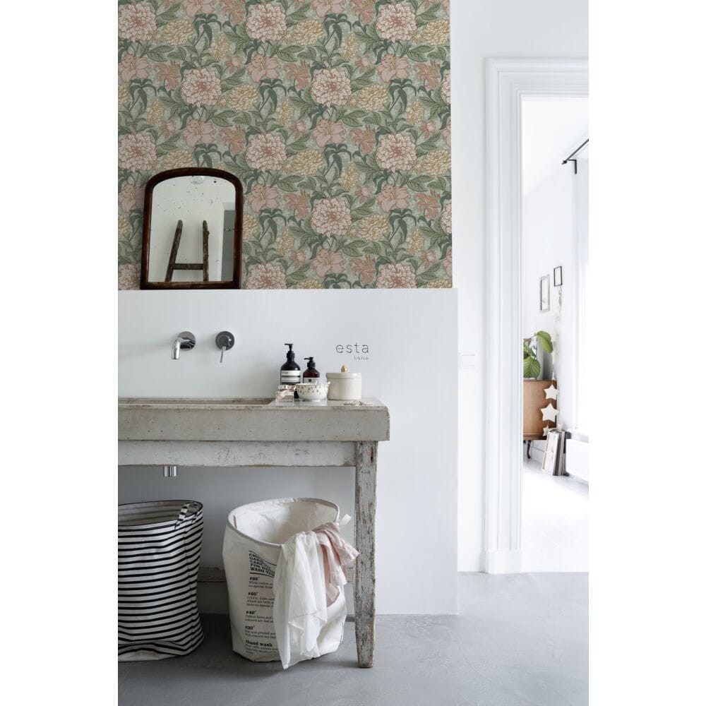 Esta 139378 Vintage Flowers green and antique pink - tapeta z motywem kwiatów