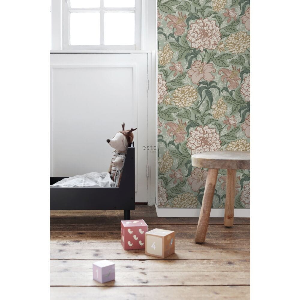Esta 139378 Vintage Flowers green and antique pink - tapeta z motywem kwiatów