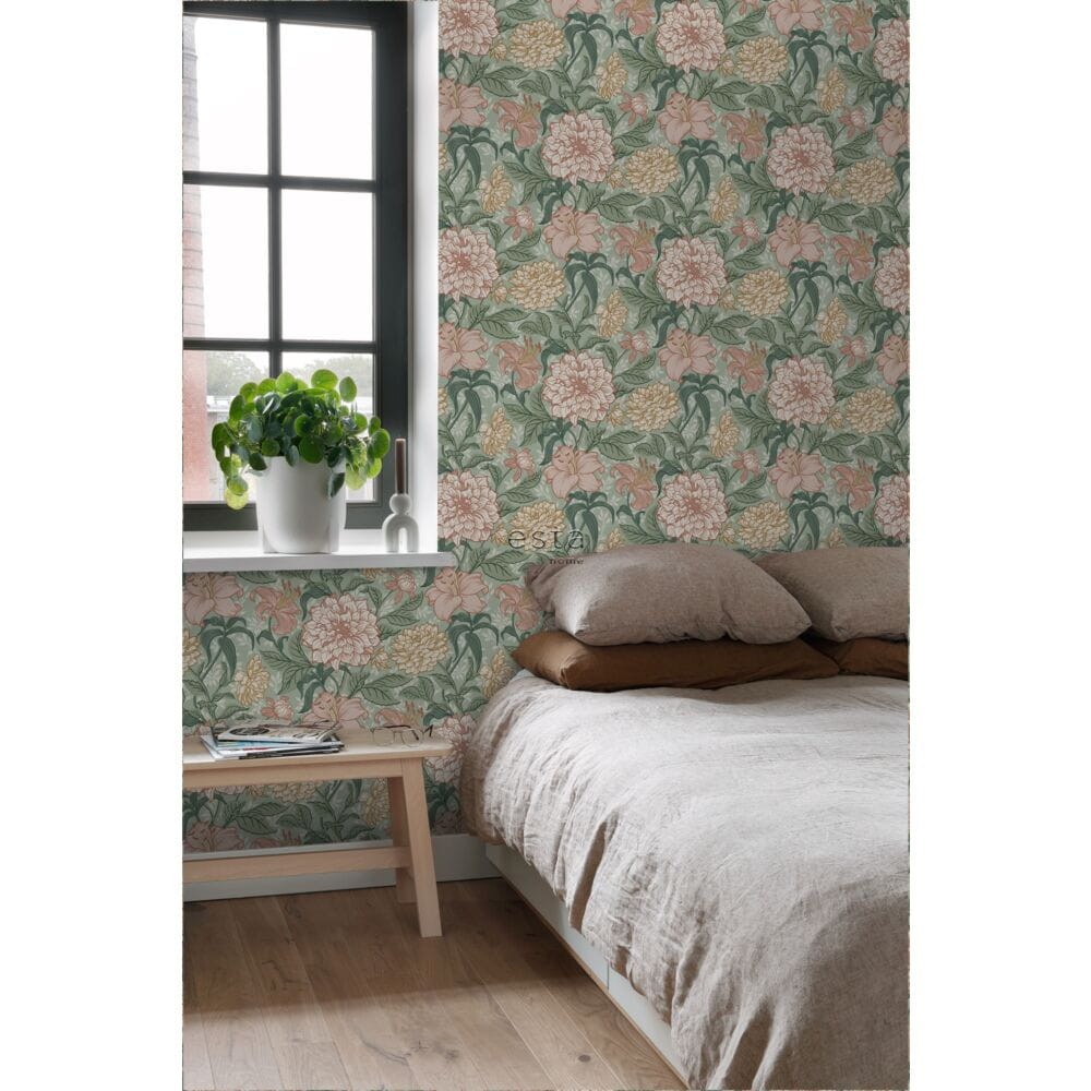 Esta 139378 Vintage Flowers green and antique pink - tapeta z motywem kwiatów