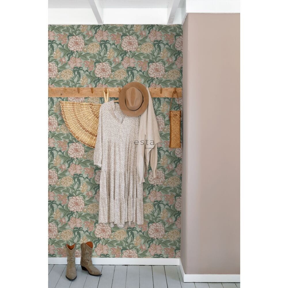 Esta 139378 Vintage Flowers green and antique pink - tapeta z motywem kwiatów