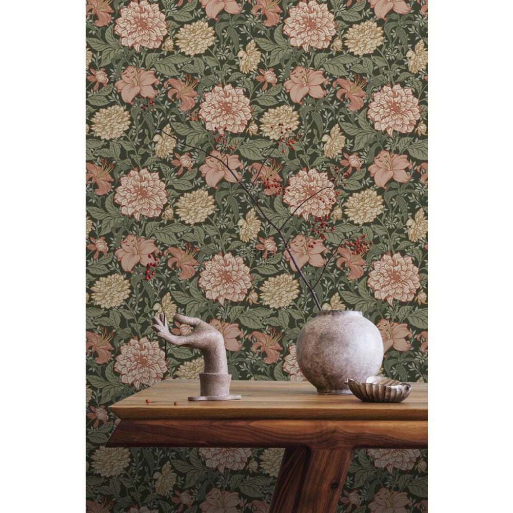 Esta 139381 Vintage Flowers grayish green and terracotta pink - tapeta z motywem kwiatów