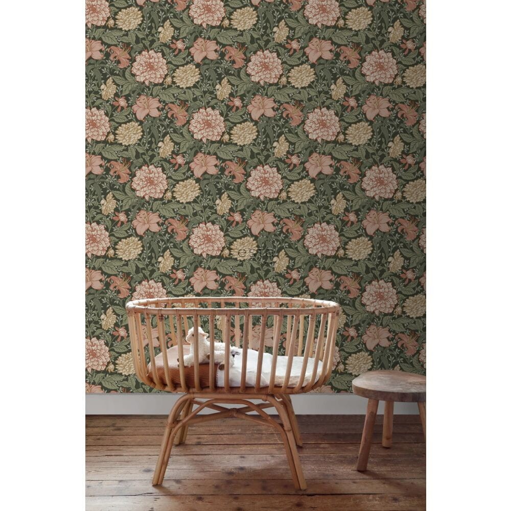 Esta 139381 Vintage Flowers grayish green and terracotta pink - tapeta z motywem kwiatów