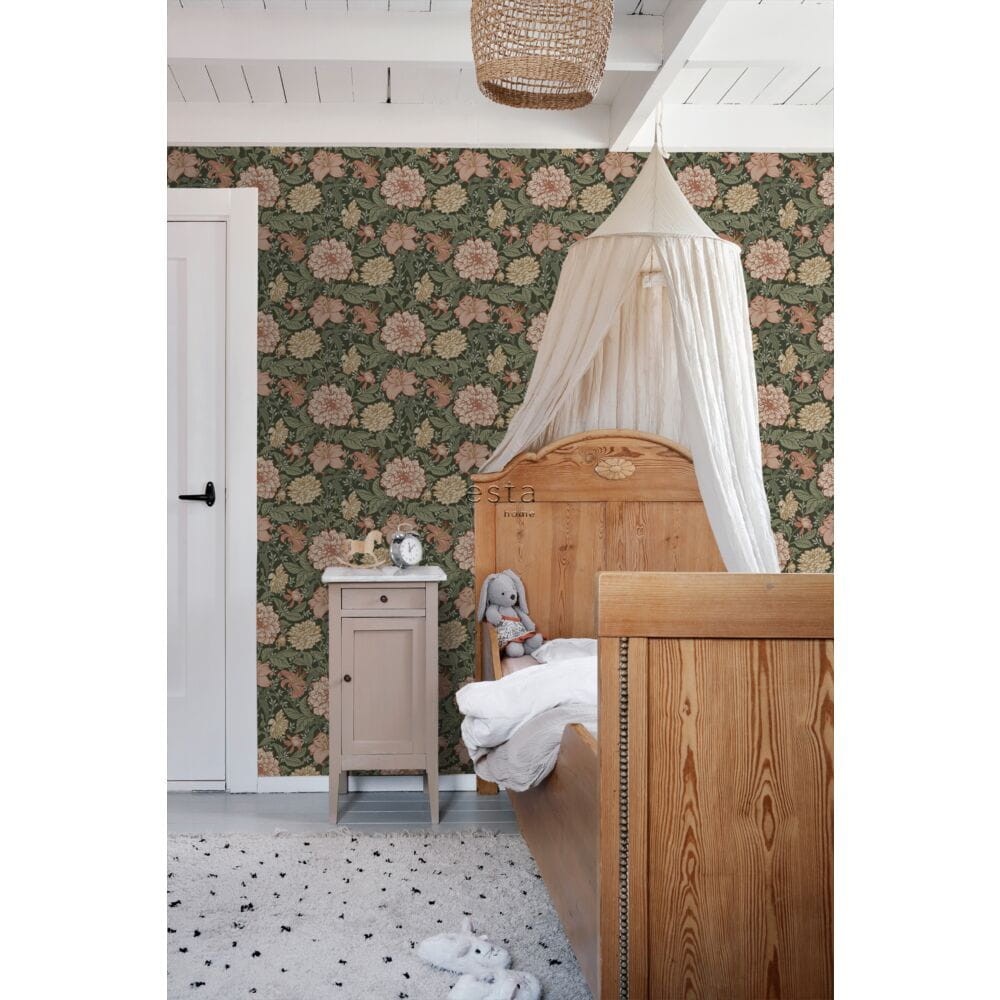 Esta 139381 Vintage Flowers grayish green and terracotta pink - tapeta z motywem kwiatów