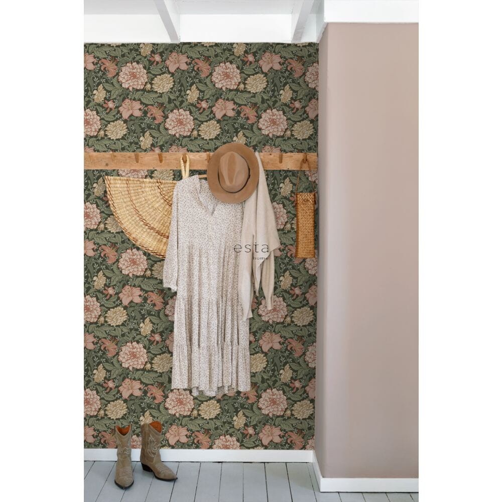 Esta 139381 Vintage Flowers grayish green and terracotta pink - tapeta z motywem kwiatów