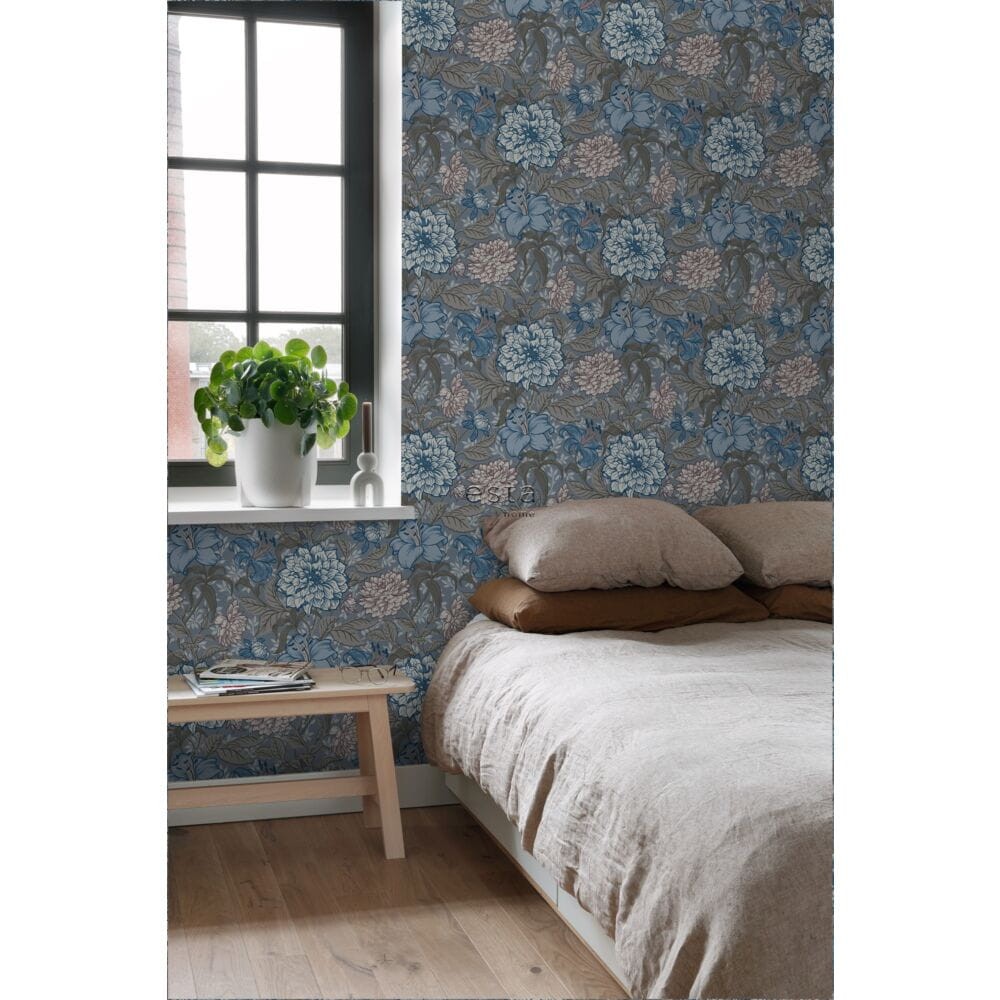 Esta 139480 Vintage Flowers grayed vintage blue and warm gray - tapeta z motywem kwiatów