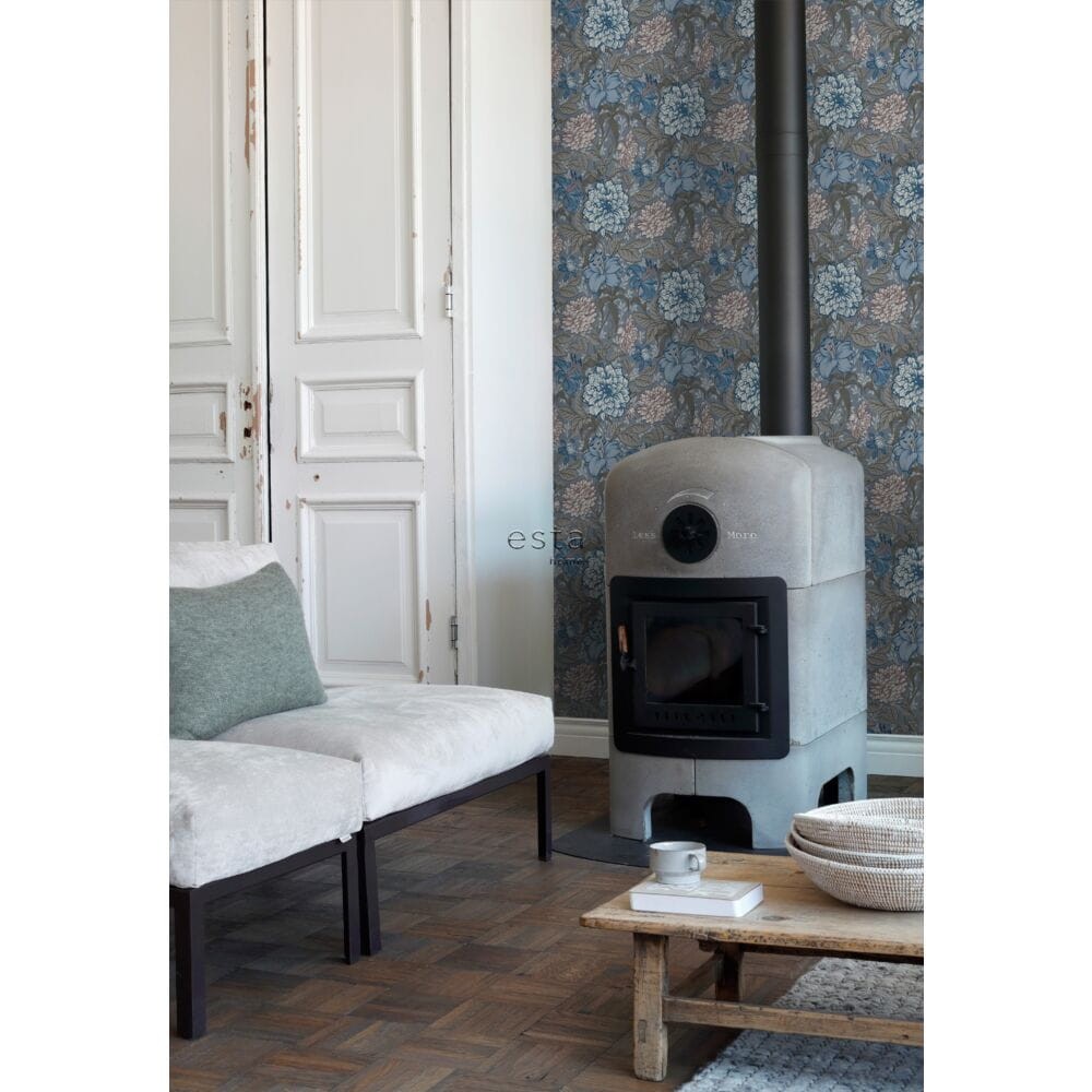 Esta 139480 Vintage Flowers grayed vintage blue and warm gray - tapeta z motywem kwiatów