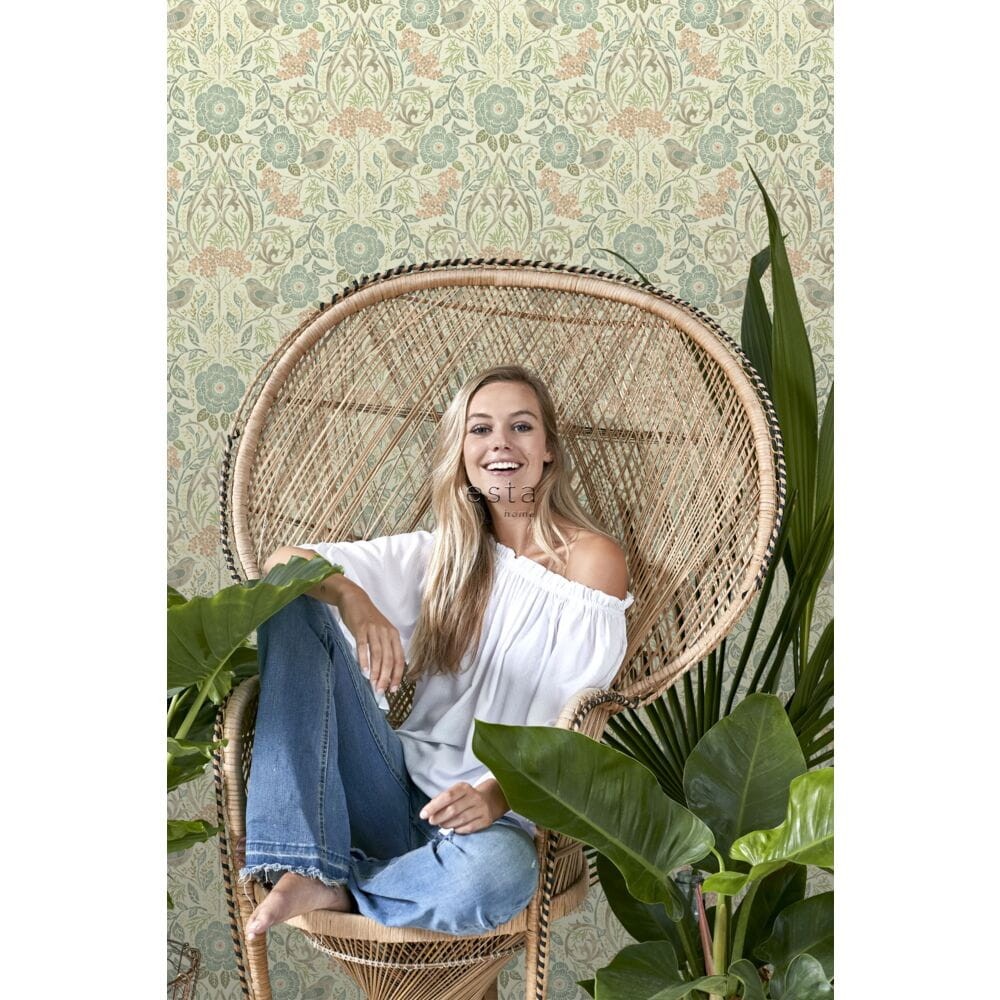 Esta 139323 Vintage Flowers flowers and birds in art nouveau style grayed vintage blue, brown and antique pink - tapeta z motywem kwiatów