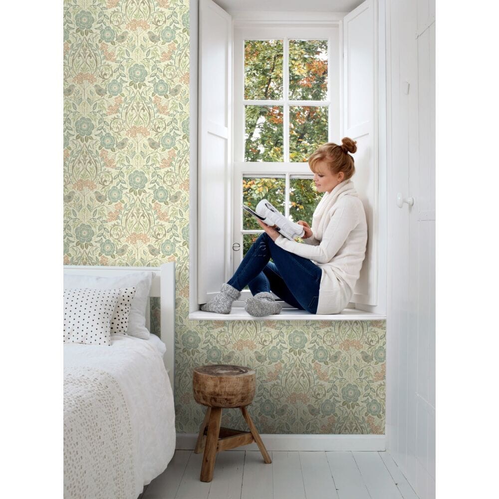 Esta 139323 Vintage Flowers flowers and birds in art nouveau style grayed vintage blue, brown and antique pink - tapeta z motywem kwiatów