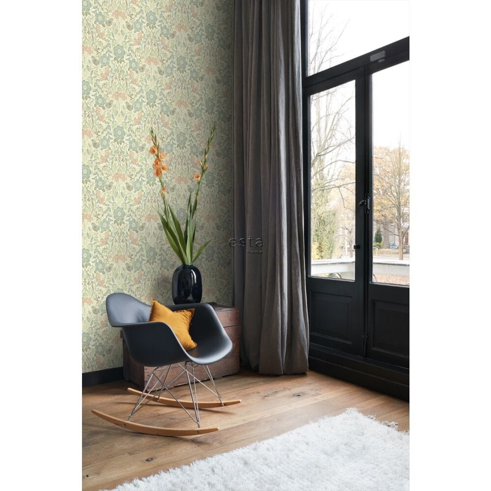 Esta 139323 Vintage Flowers flowers and birds in art nouveau style grayed vintage blue, brown and antique pink - tapeta z motywem kwiatów