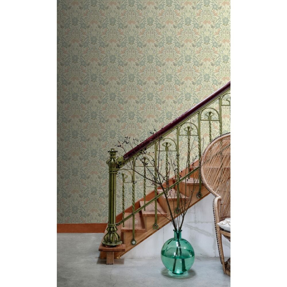 Esta 139323 Vintage Flowers flowers and birds in art nouveau style grayed vintage blue, brown and antique pink - tapeta z motywem kwiatów