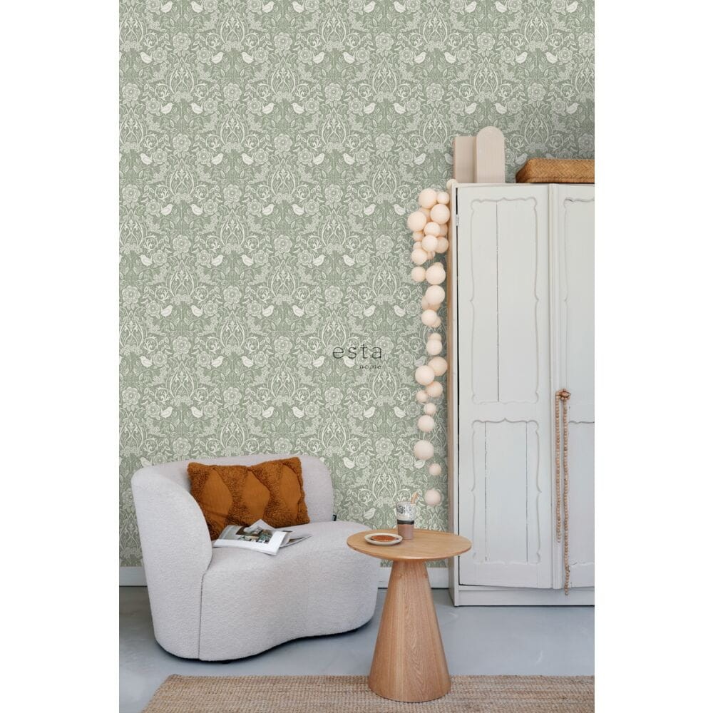Esta 139293 Vintage Flowers flowers and birds in art nouveau style grayish green - tapeta z motywem kwiatów