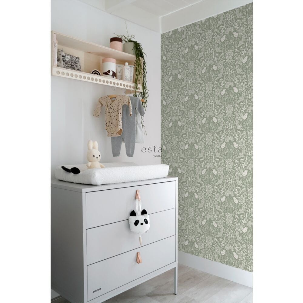 Esta 139293 Vintage Flowers flowers and birds in art nouveau style grayish green - tapeta z motywem kwiatów