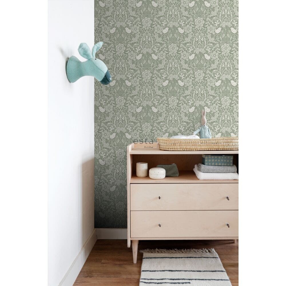 Esta 139293 Vintage Flowers flowers and birds in art nouveau style grayish green - tapeta z motywem kwiatów