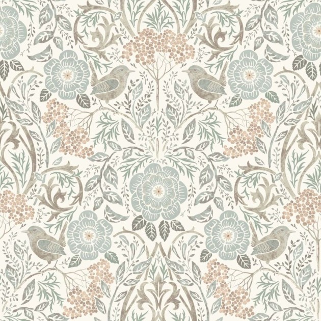 Esta 139294 Vintage Flowers flowers and birds in art nouveau style grayish green, brown and peach pink - tapeta z motywem kwiatów