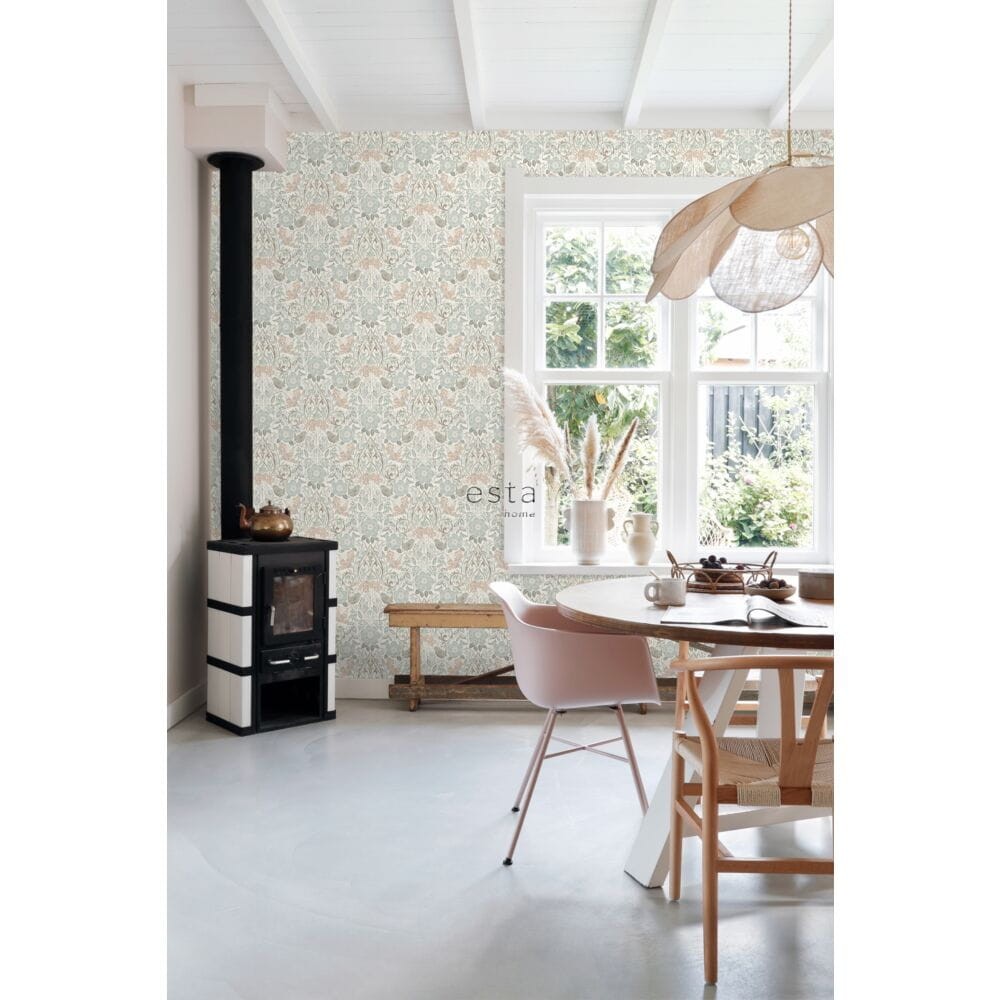 Esta 139294 Vintage Flowers flowers and birds in art nouveau style grayish green, brown and peach pink - tapeta z motywem kwiatów
