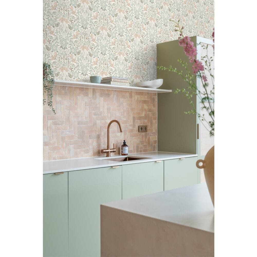 Esta 139294 Vintage Flowers flowers and birds in art nouveau style grayish green, brown and peach pink - tapeta z motywem kwiatów