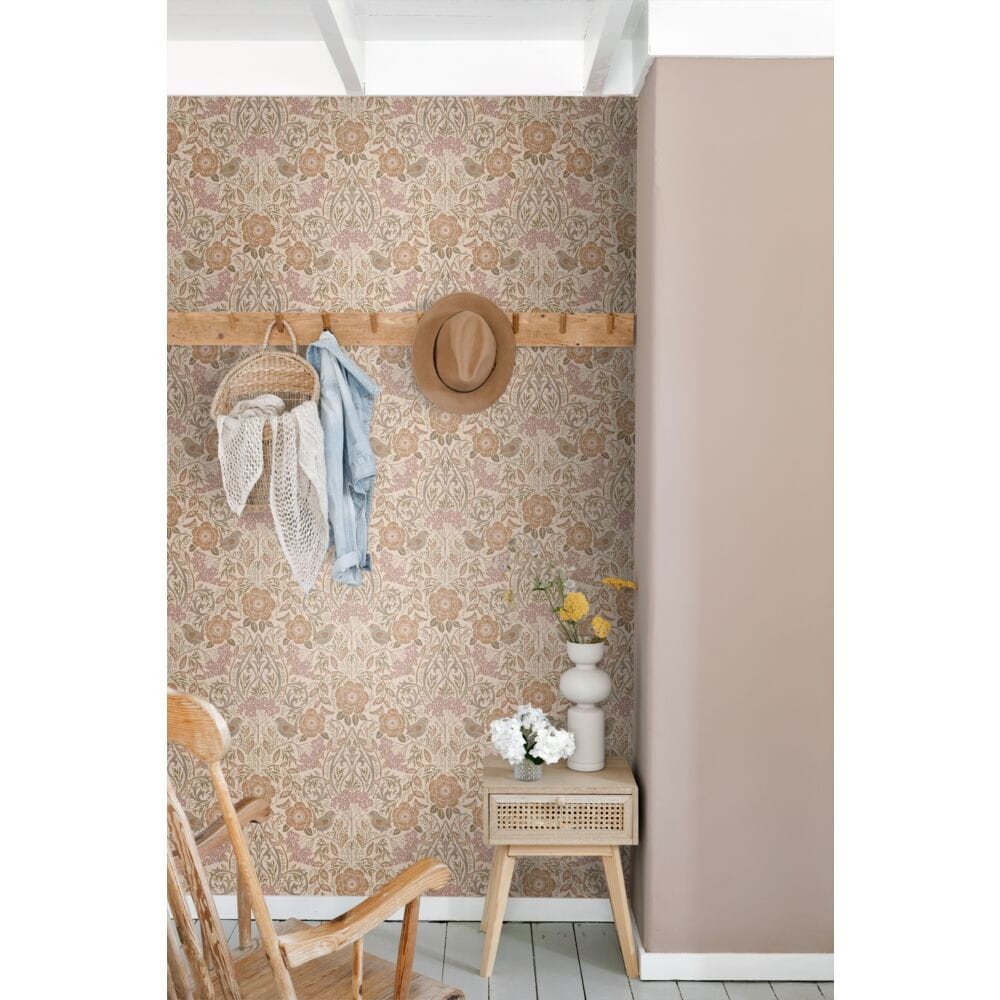 Esta 139324 Vintage Flowers flowers and birds in art nouveau style nude colour and white - tapeta z motywem kwiatów