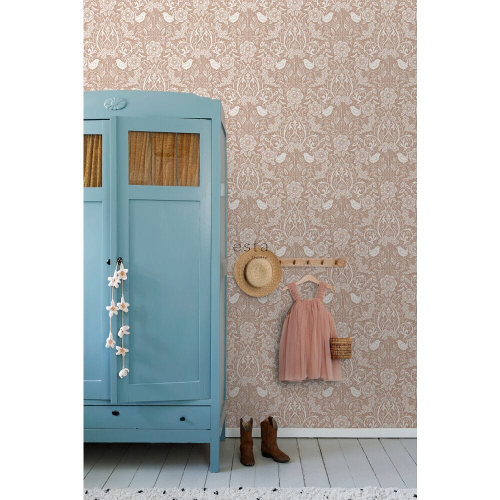 Esta 139324 Vintage Flowers flowers and birds in art nouveau style nude colour and white - tapeta z motywem kwiatów