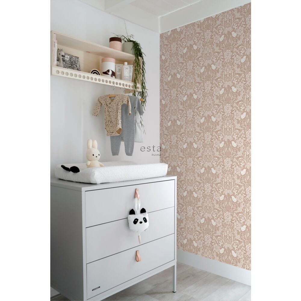 Esta 139324 Vintage Flowers flowers and birds in art nouveau style nude colour and white - tapeta z motywem kwiatów