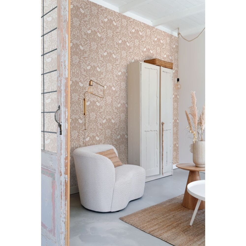 Esta 139324 Vintage Flowers flowers and birds in art nouveau style nude colour and white - tapeta z motywem kwiatów