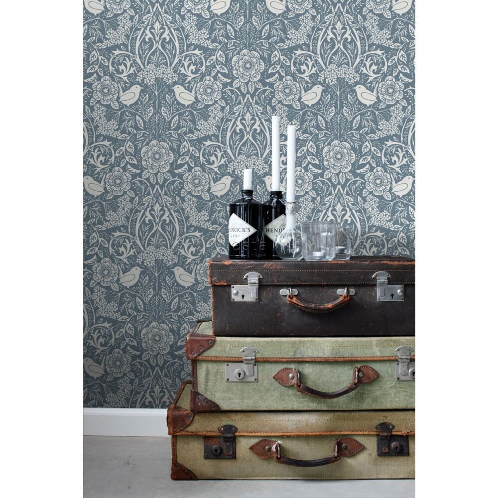 Esta 139477 Vintage Flowers flowers and birds in art nouveau style grayed vintage blue - tapeta z motywem kwiatów