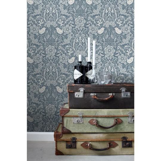 Esta 139477 Vintage Flowers flowers and birds in art nouveau style grayed vintage blue - tapeta z motywem kwiatów