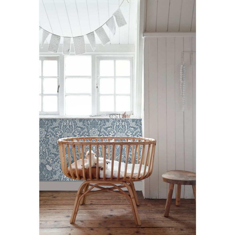 Esta 139477 Vintage Flowers flowers and birds in art nouveau style grayed vintage blue - tapeta z motywem kwiatów