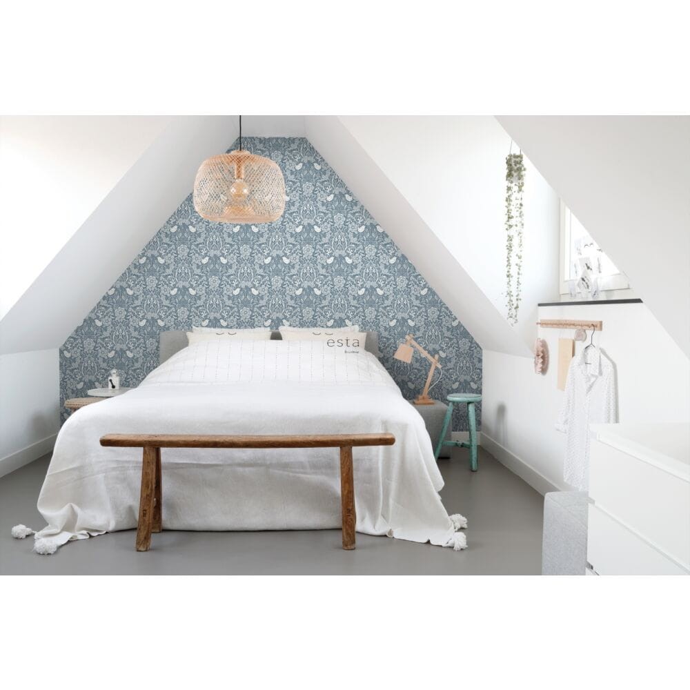 Esta 139477 Vintage Flowers flowers and birds in art nouveau style grayed vintage blue - tapeta z motywem kwiatów