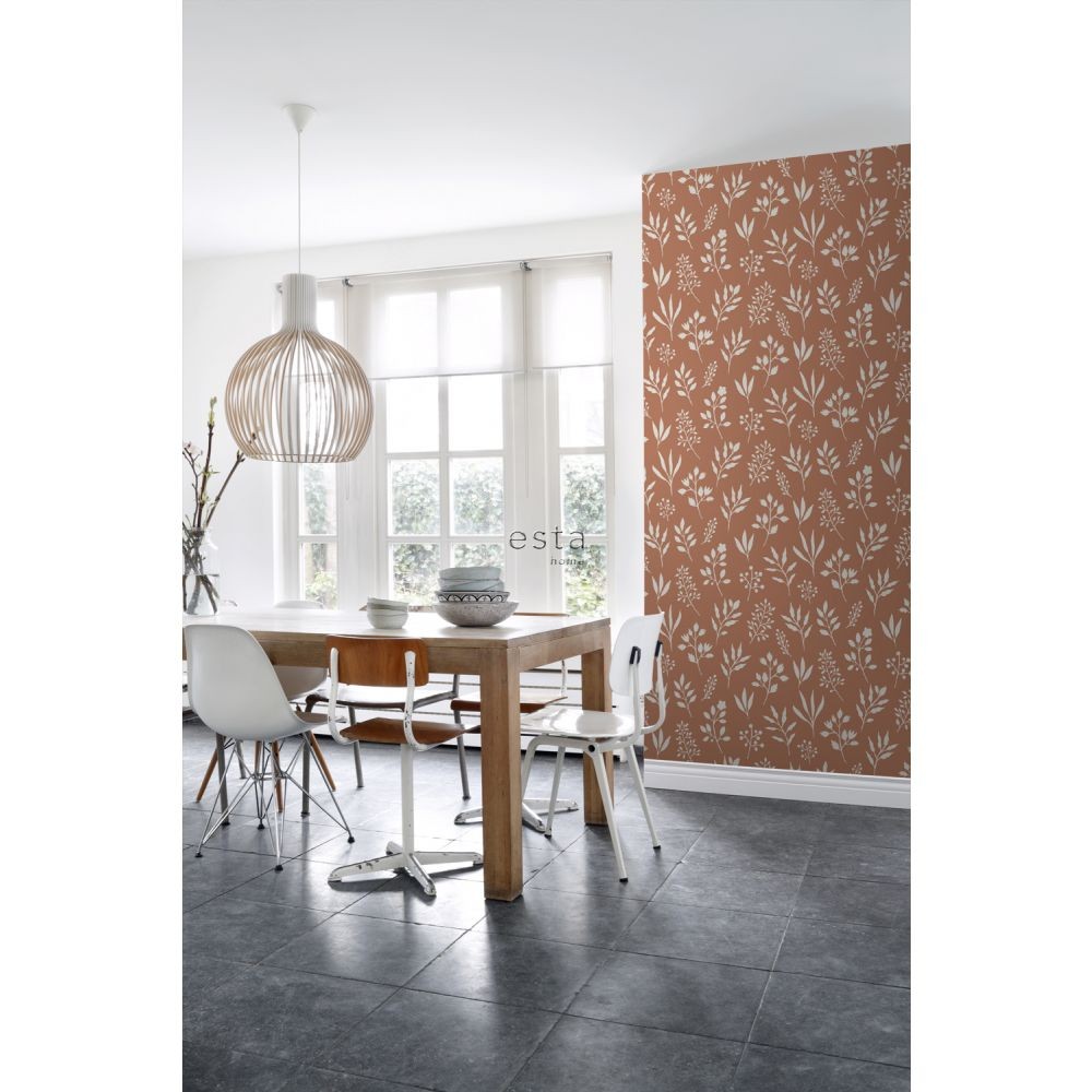 Esta 139319 Vintage Flowers floral pattern in Scandinavian style terracotta and white - tapeta z motywem kwiatów