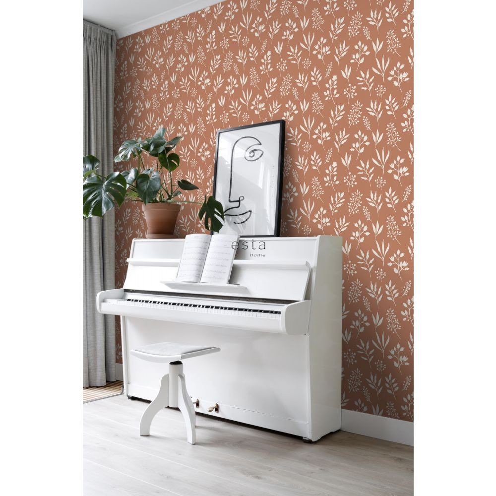 Esta 139319 Vintage Flowers floral pattern in Scandinavian style terracotta and white - tapeta z motywem kwiatów
